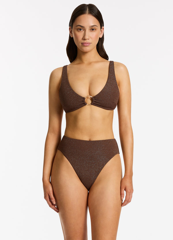 Seafolly Tirari Nights High Waist High Leg Bikini Bottom - Chocolate