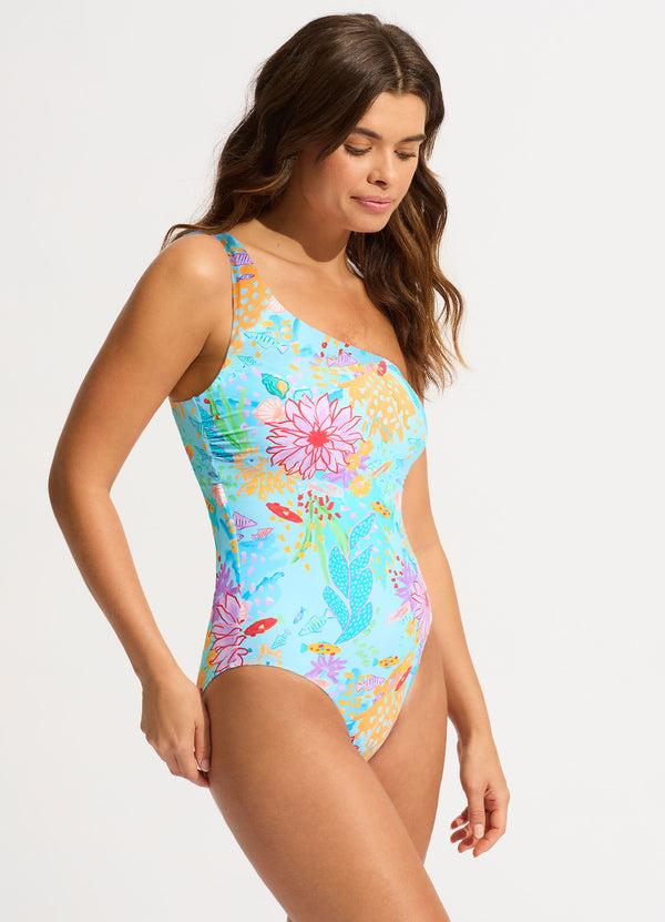 Seafolly Under The Sea One Shoulder One Piece - Blue Mist