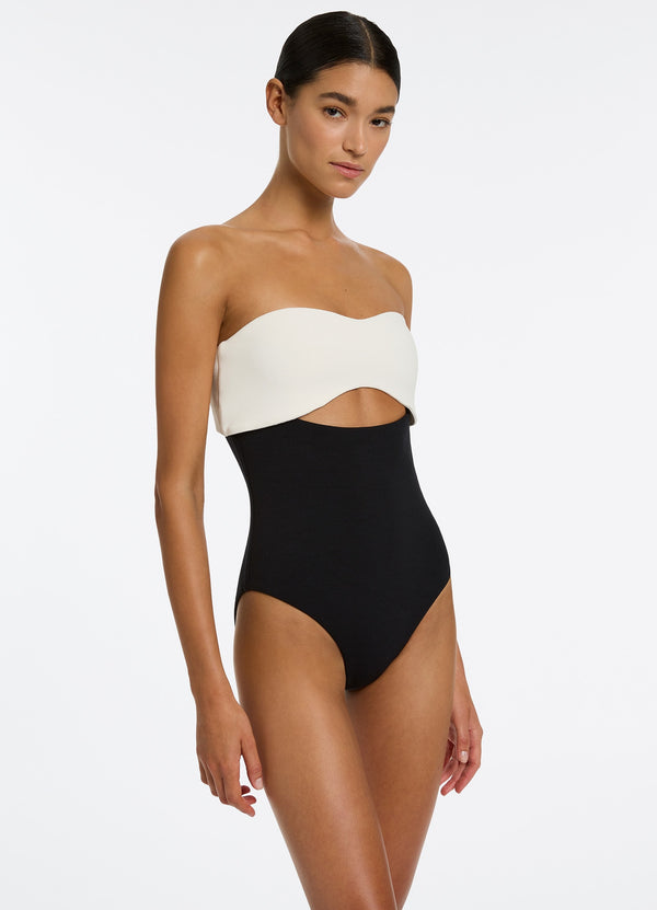 Seafolly Versa Rib Cut Out Bandeau One Piece - Black/Cream