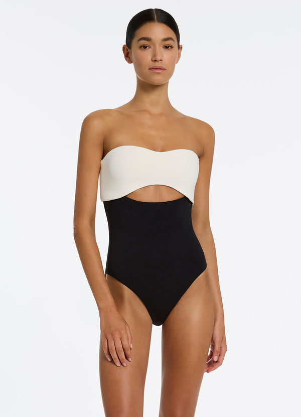 seafolly Versa Rib Cut Out Bandeau One Piece - Black/Cream