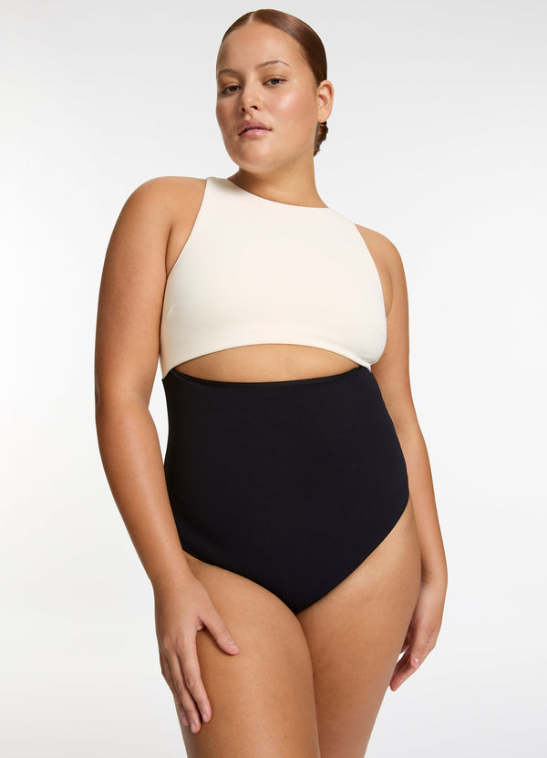 Seafolly Versa Rib Cut Out High Neck One Piece - Black/Cream