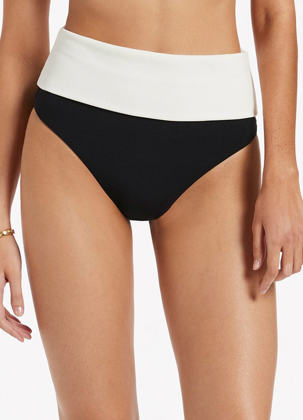 Seafolly Versa Rib Fold Down High Waisted Bikini Bottom - Black/Cream