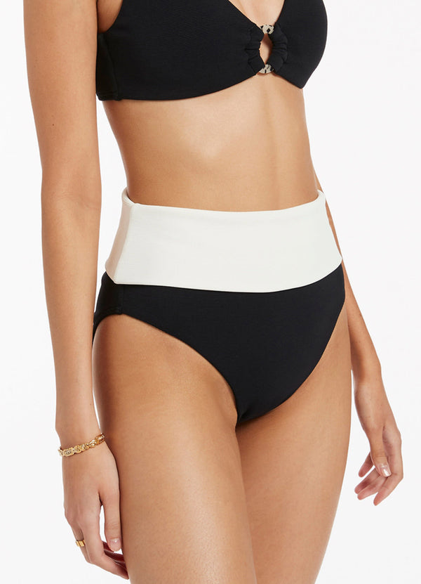 Seafolly Versa Rib Fold Down High Waisted Bikini Bottom - Black/Cream