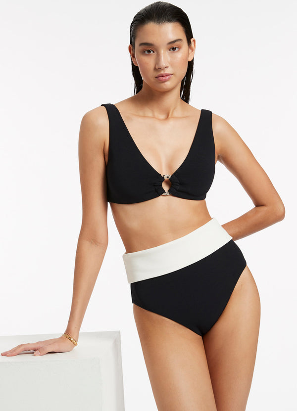 seafolly Versa Rib Fold Down High Waisted Bikini Bottom - Black/Cream