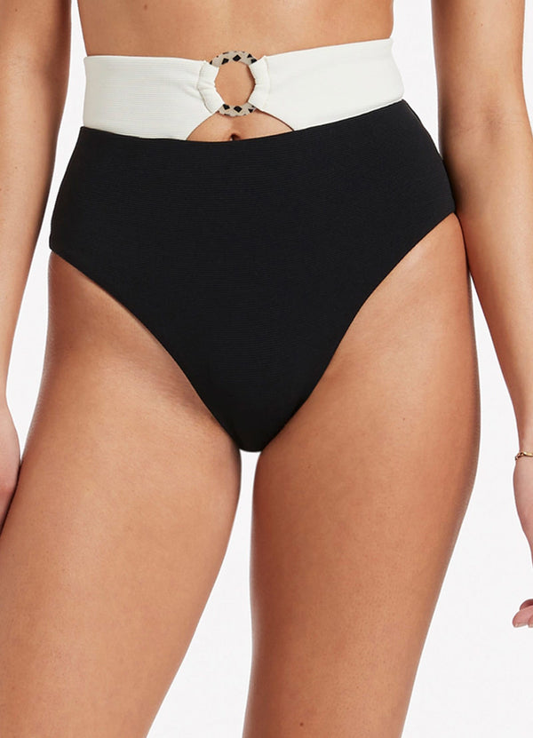 Seafolly Versa Rib High Waist Bikini Bottom - Black/Cream