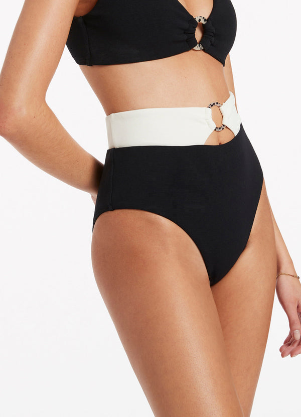 Seafolly Versa Rib High Waist Bikini Bottom - Black/Cream