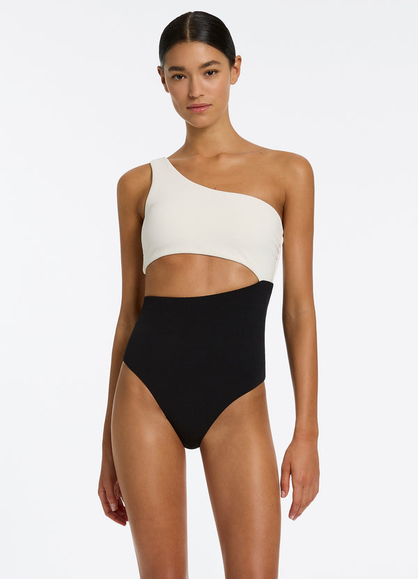 Seafolly Versa Rib One Shoulder One Piece - Black/Cream