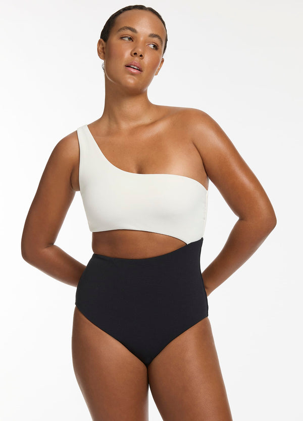 seafolly Versa Rib One Shoulder One Piece - Black/Cream
