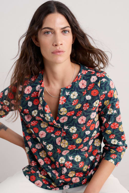 seasalt cornwall Watercolour Sketch 3/4 Sleeve Top in GOTS-Certified Organic Cotton