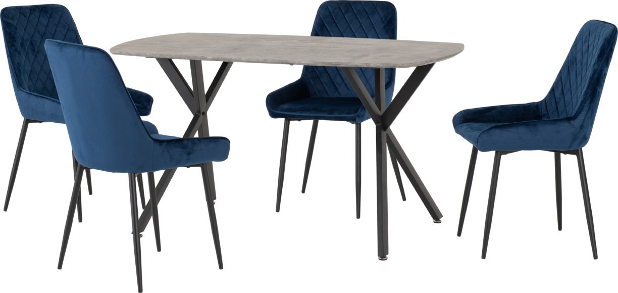 Seconique Athens Rectangular Dining Set With Avery Chairs Concrete Effect/Black/Sapphire Blue Velvet