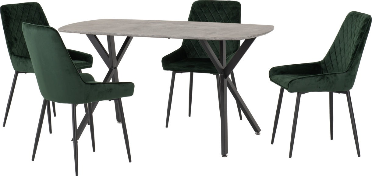 Seconique Athens Rectangular Dining Set With Avery Chairs Concrete Effect/Black/Emerald Green Velvet