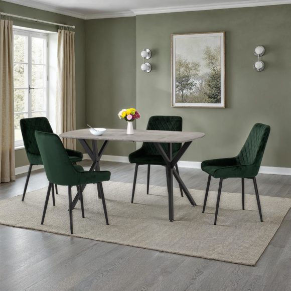 seconique Athens Rectangular Dining Set with Avery Chairs Concrete Effect/Black/Emerald Green Velvet