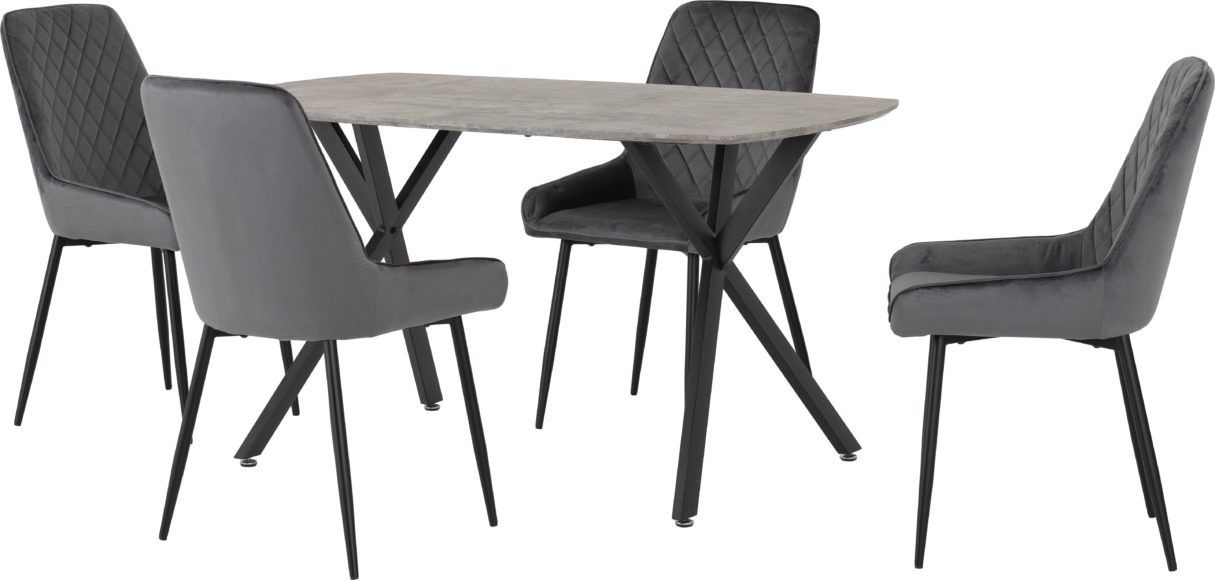 Seconique Athens Rectangular Dining Set With Avery Chairs Concrete Effect/Black/Grey Velvet