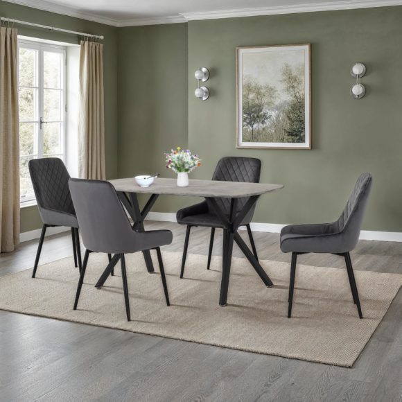 seconique Athens Rectangular Dining Set with Avery Chairs Concrete Effect/Black/Grey Velvet