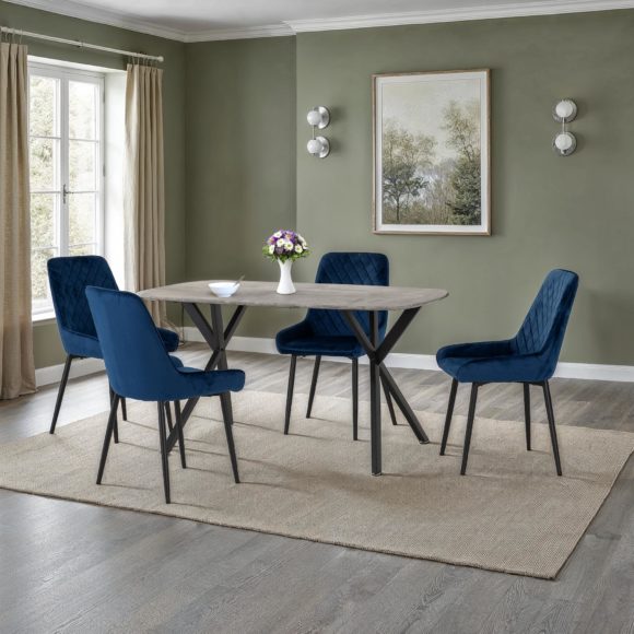 seconique Athens Rectangular Dining Set with Avery Chairs Concrete Effect/Black/Sapphire Blue Velvet