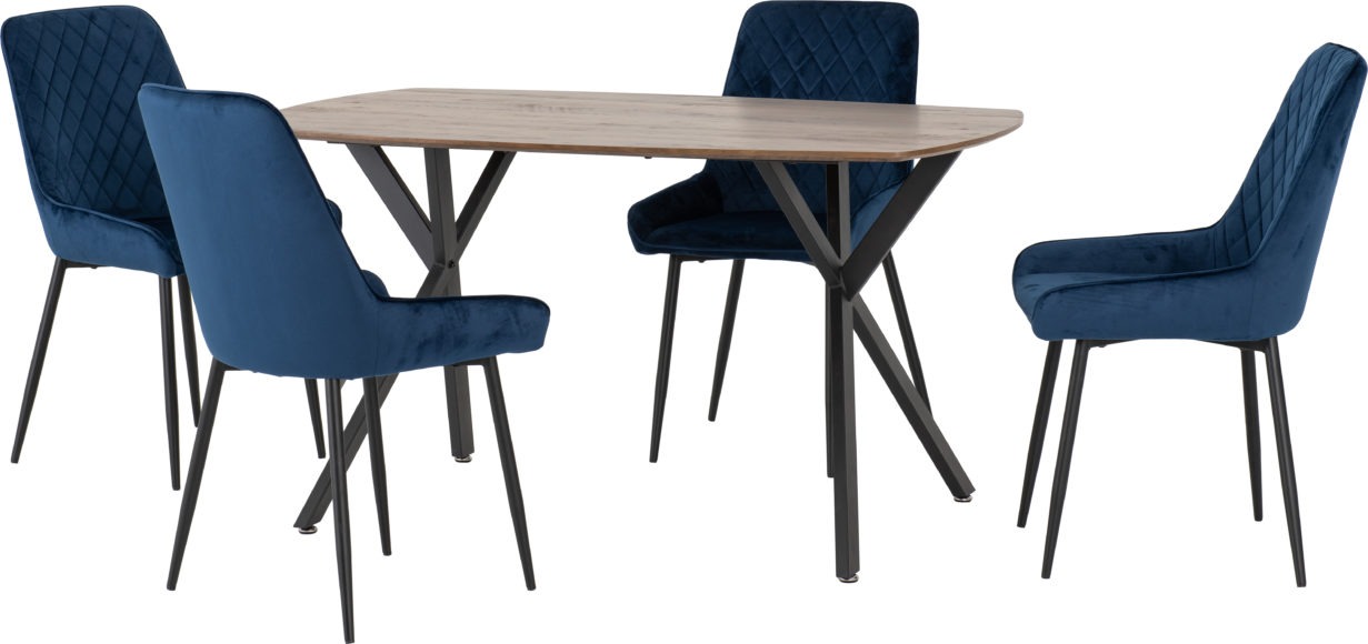 Seconique Athens Rectangular Dining Set With Avery Chairs Medium Oak Effect/Black/Sapphire Blue Velvet