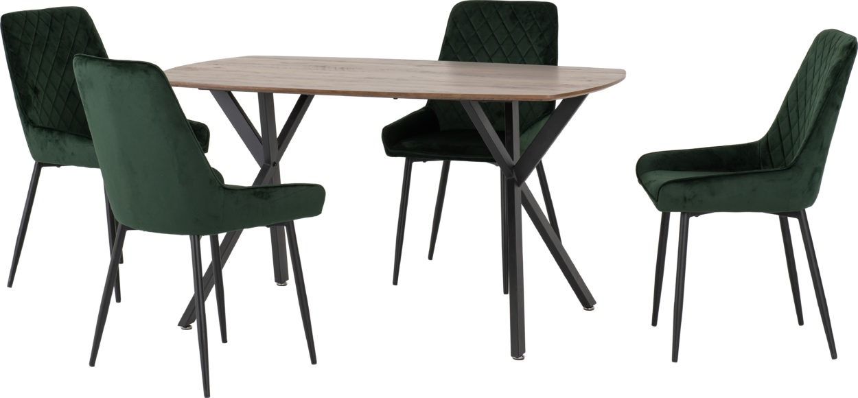 Seconique Athens Rectangular Dining Set With Avery Chairs Medium Oak Effect/Black/Emerald Green Velvet