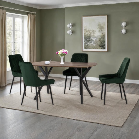 seconique Athens Rectangular Dining Set with Avery Chairs Medium Oak Effect/Black/Emerald Green Velvet