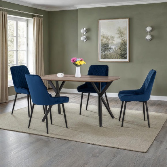 seconique Athens Rectangular Dining Set with Avery Chairs Medium Oak Effect/Black/Sapphire Blue Velvet
