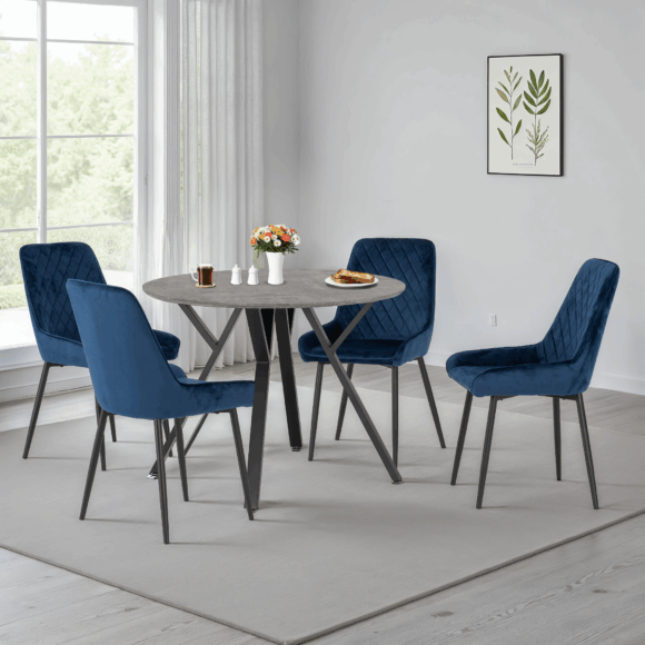 Seconique Athens Round Dining Set With Avery Chairs Concrete Effect/Black/Sapphire Blue Velvet
