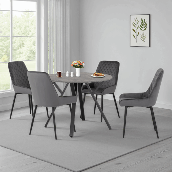 seconique Athens Round Dining Set with Avery Chairs Concrete Effect/Black/Grey Velvet