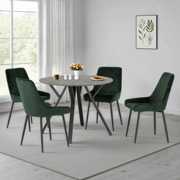 Seconique Athens Round Dining Set With Avery Chairs Concrete Effect/Black/Emerald Green Velvet