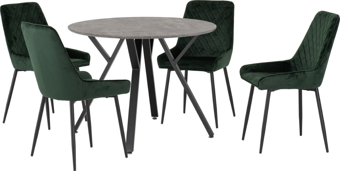 seconique Athens Round Dining Set with Avery Chairs Concrete Effect/Black/Emerald Green Velvet