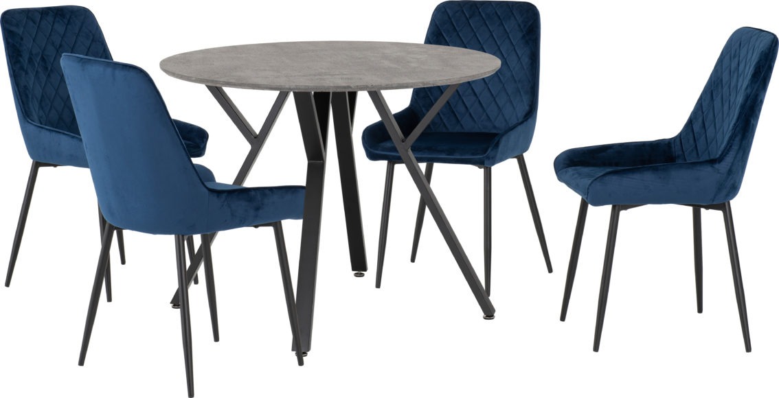 seconique Athens Round Dining Set with Avery Chairs Concrete Effect/Black/Sapphire Blue Velvet