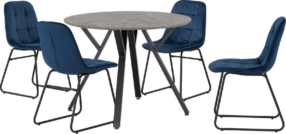 Seconique Athens Round Dining Set With Lukas Chairs Concrete Effect/Black/Sapphire Blue Velvet