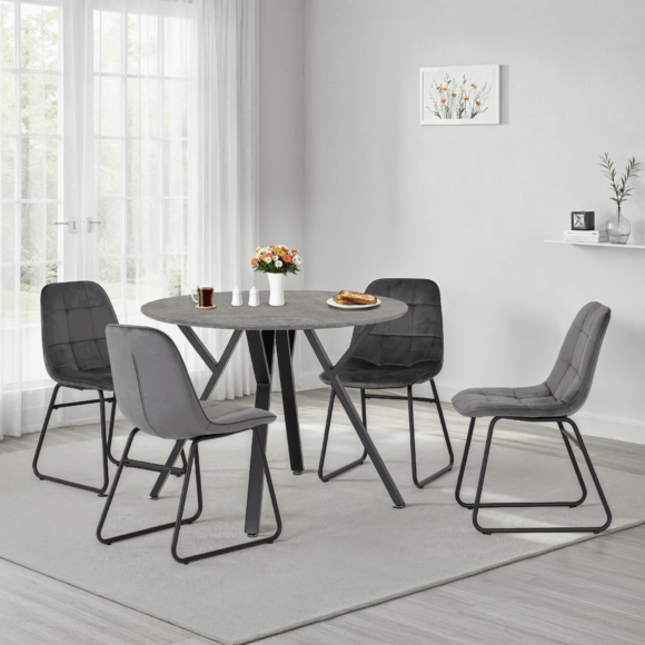 seconique Athens Round Dining Set with Lukas Chairs Concrete Effect/Black/Grey Velvet