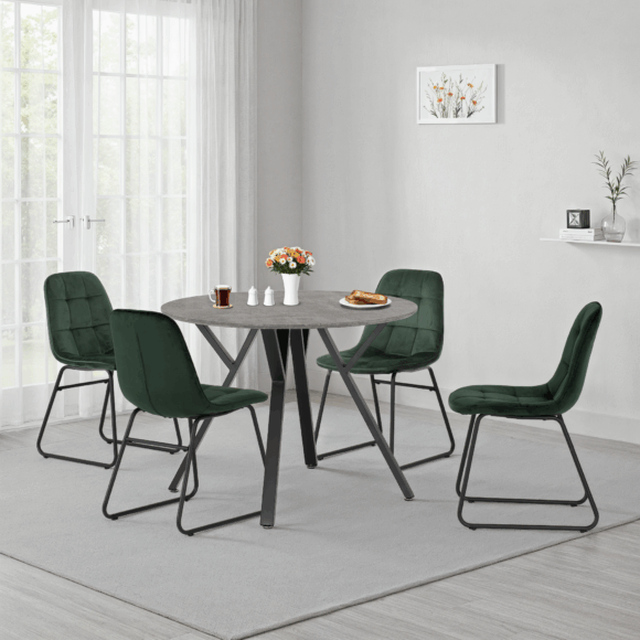Seconique Athens Round Dining Set With Lukas Chairs Concrete Effect/Black/Emerald Green Velvet