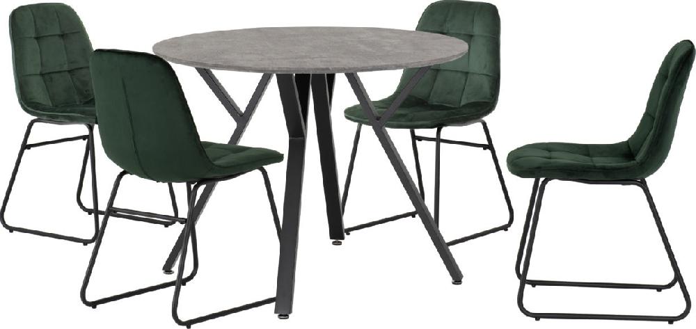 seconique Athens Round Dining Set with Lukas Chairs Concrete Effect/Black/Emerald Green Velvet