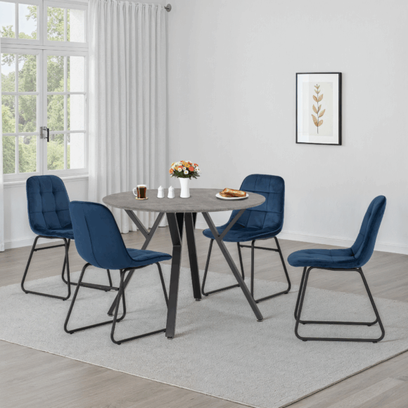 seconique Athens Round Dining Set with Lukas Chairs Concrete Effect/Black/Sapphire Blue Velvet