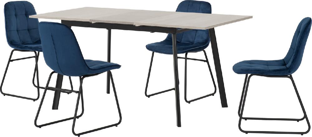 seconique Avery Extending Dining Set with Lukas Chairs Concrete/Grey Oak Effect/Black/Sapphire Blue Velvet