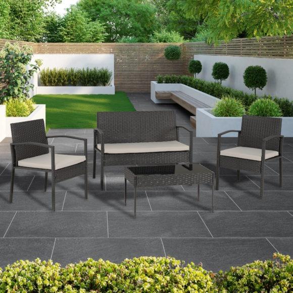 Seconique Cedar 4 Piece Garden Set Black Rattan/Grey Fabric/Black Glass