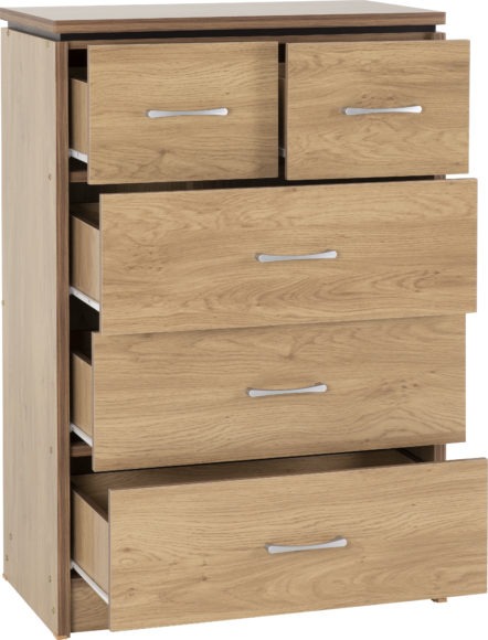 Seconique Charles 3+2 Drawer Chest Oak Effect Veneer With Walnut Trim