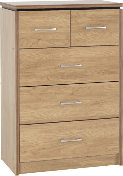 seconique Charles 3+2 Drawer Chest Oak Effect Veneer with Walnut Trim