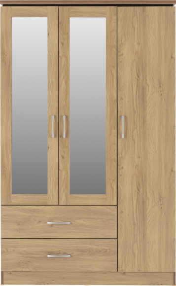 Seconique Charles 3 Door 2 Drawer Mirrored Wardrobe Oak Effect Veneer With Walnut Trim