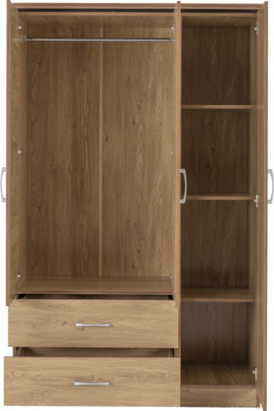 Seconique Charles 3 Door 2 Drawer Mirrored Wardrobe Oak Effect Veneer With Walnut Trim