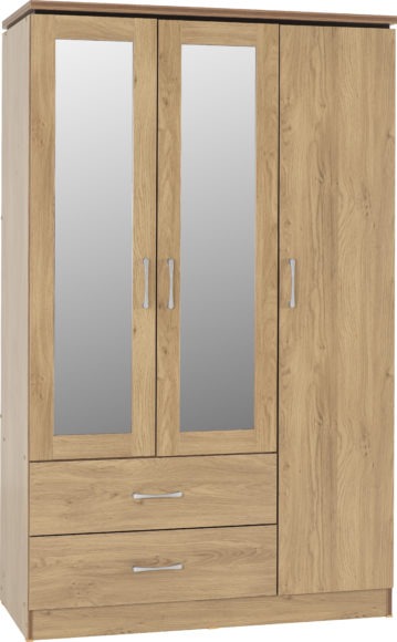 seconique Charles 3 Door 2 Drawer Mirrored Wardrobe Oak Effect Veneer with Walnut Trim