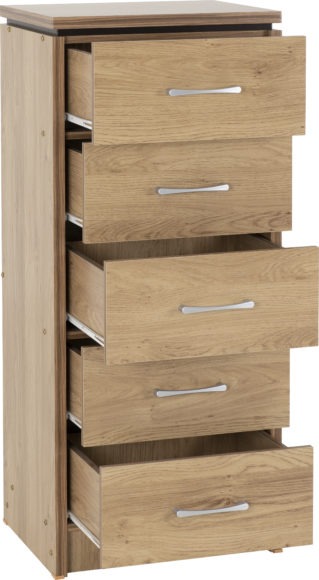 Seconique Charles 5 Drawer Narrow Chest Oak Effect Veneer With Walnut Trim