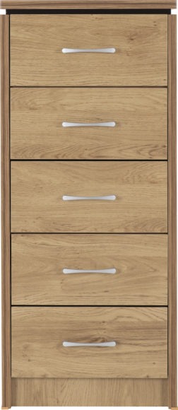 Seconique Charles 5 Drawer Narrow Chest Oak Effect Veneer With Walnut Trim