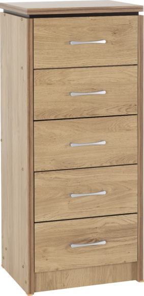 seconique Charles 5 Drawer Narrow Chest Oak Effect Veneer with Walnut Trim