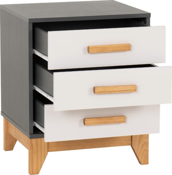 Seconique Cleveland 3 Drawer Bedside White/Grey Metal Effect
