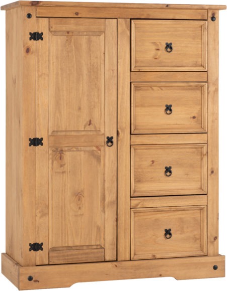 Seconique Corona 1 Door 4 Drawer Low Wardrobe Distressed Waxed Pine
