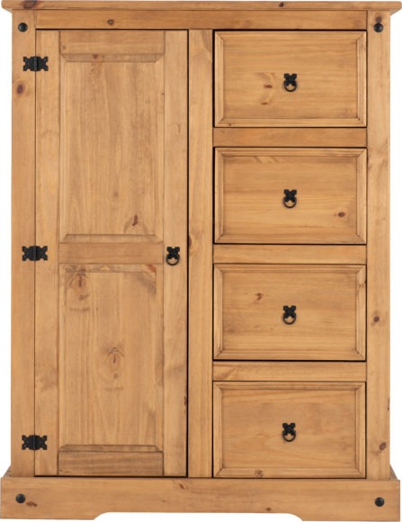 Seconique Corona 1 Door 4 Drawer Low Wardrobe Distressed Waxed Pine