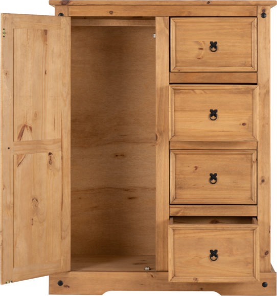Seconique Corona 1 Door 4 Drawer Low Wardrobe Distressed Waxed Pine
