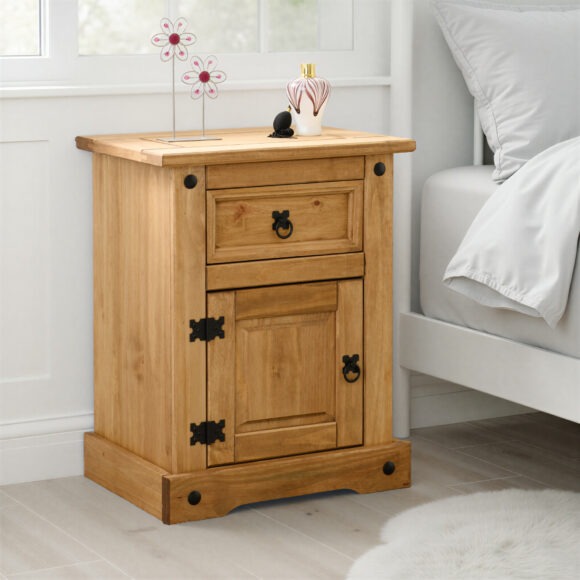 seconique Corona 1 Drawer 1 Door Bedside Cabinet Distressed Waxed Pine