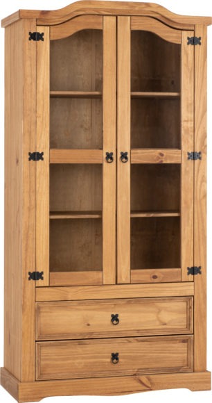 Seconique Corona 2 Door 2 Drawer Glass Display Unit Distressed Waxed Pine/Clear Glass