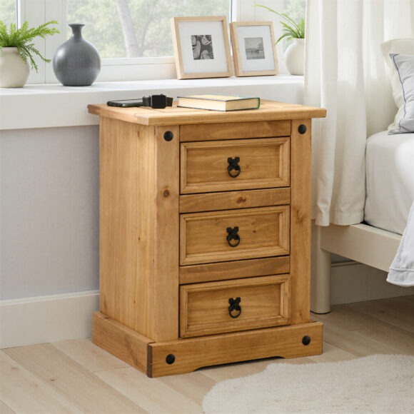 seconique Corona 3 Drawer Bedside Chest Distressed Waxed Pine